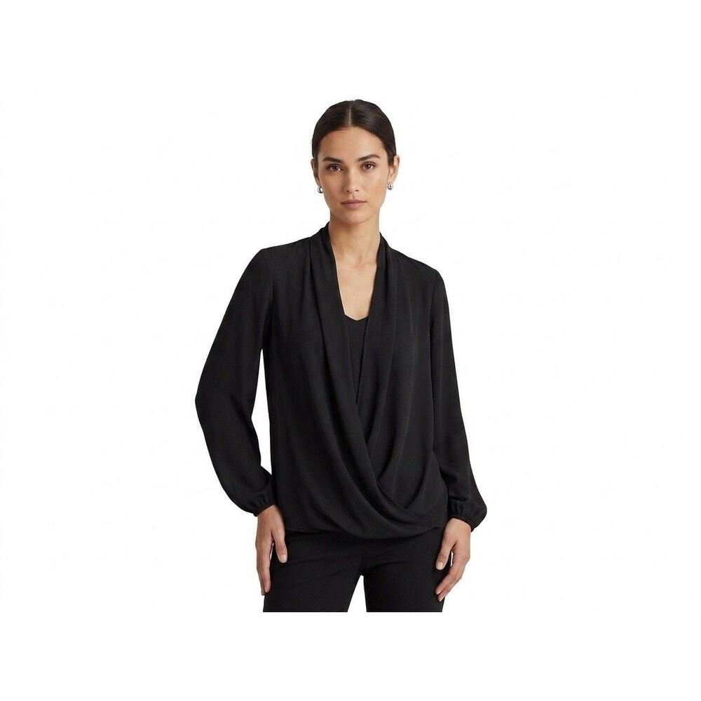 Lilly Pulitzer Blouse Womens‎ S Black Draped Surplice V Neck Long Sleeve Top